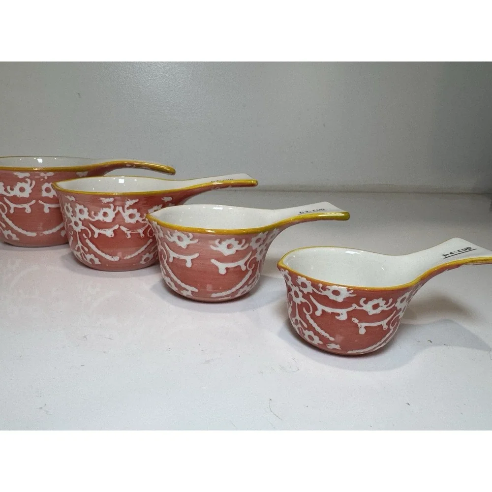 Sparrow & Wren Ceramic Nesting Floral Measuring Cups Set Of 4 Coral & White